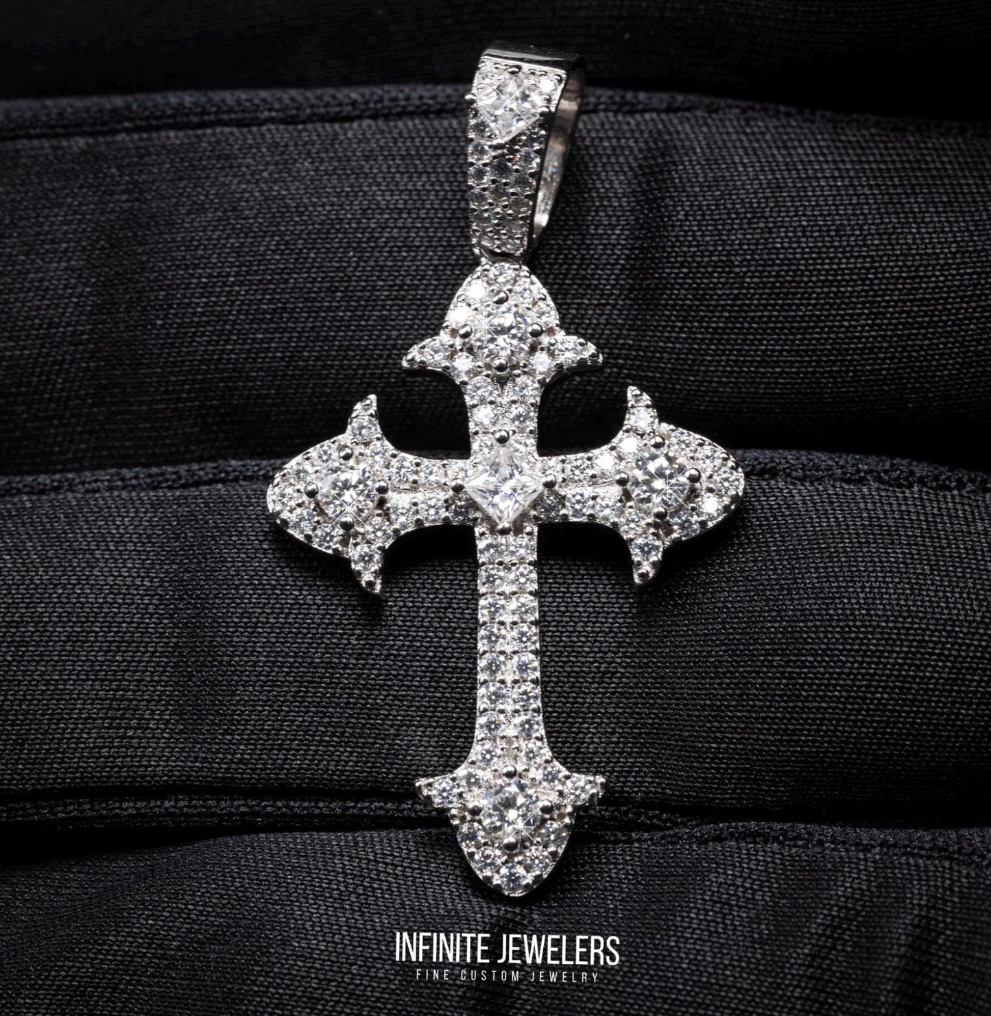 Men’s or women Solid 925 Silver Sterling Silver VVS Moissanite Fleur Cross Pendant passes Diamond Tester.