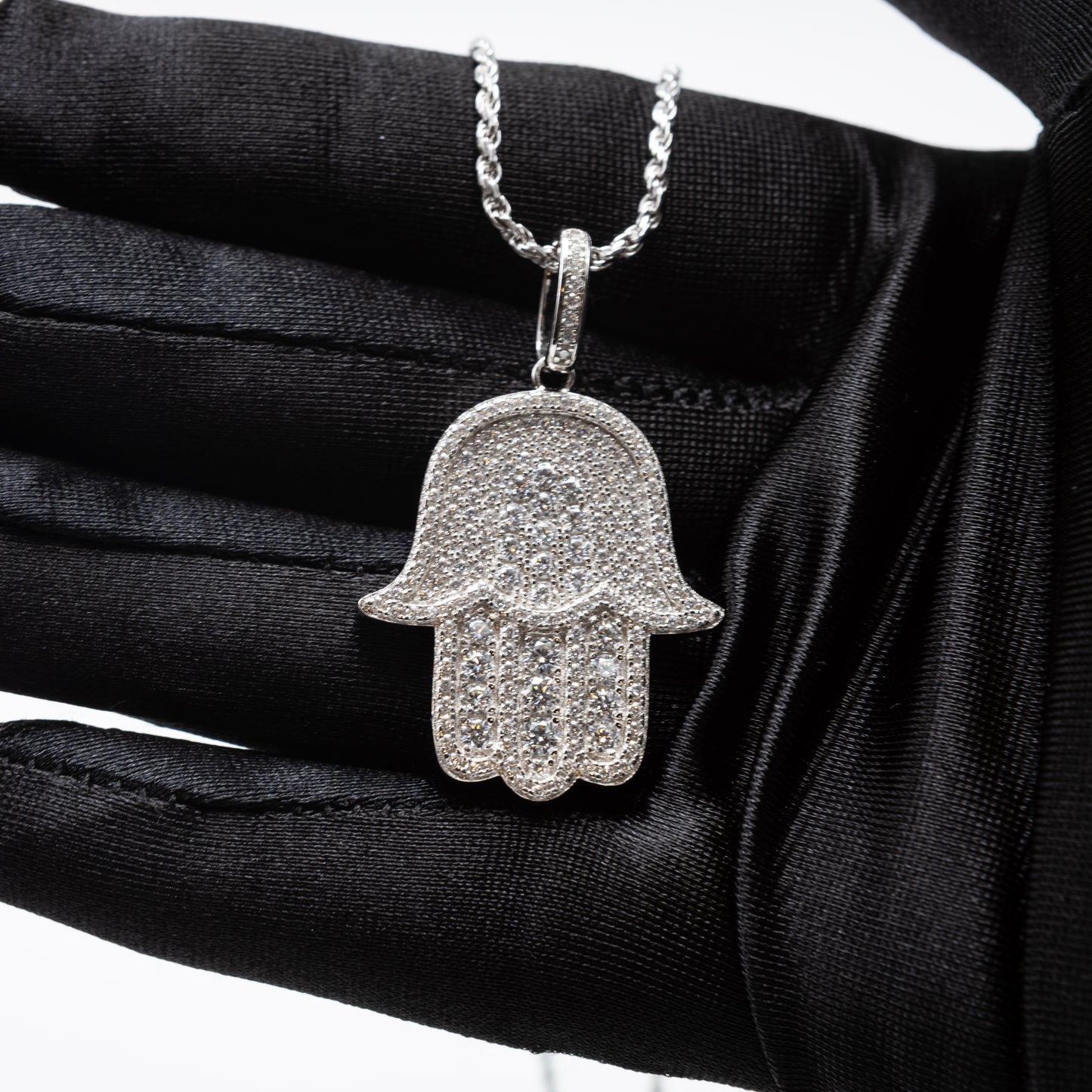 Men’s or women Solid 925 Silver Sterling Silver VVS Moissanite Hamsa Hand Pendant passes Diamond Tester.