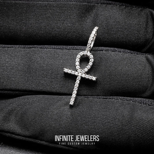 Men’s or women Solid 925 Silver Sterling Silver VVS Moissanite Mini Ankh Cross Pendant passes Diamond Tester.
