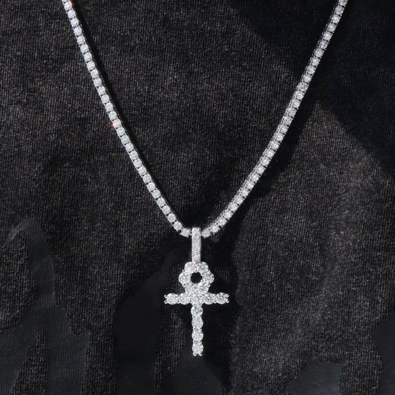 Men’s or women Solid 925 Silver Sterling Silver VVS Moissanite Ankh Cross Pendant passes Diamond Tester.