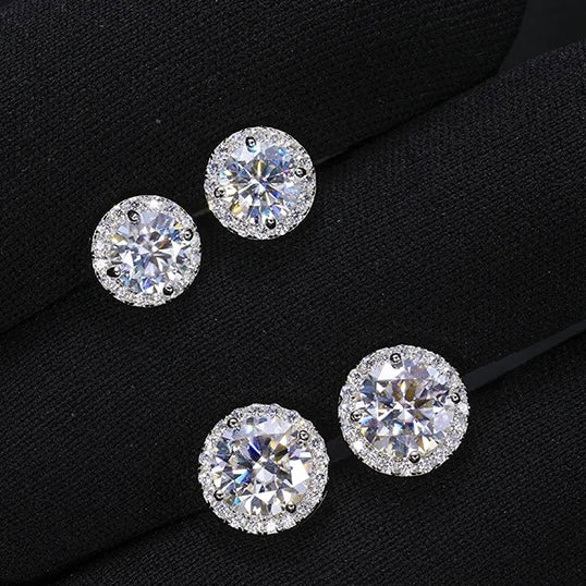 Men’s or women Solid 925 Silver Sterling Silver Moissanite Halo Solitaire Earrings passes Diamond Tester