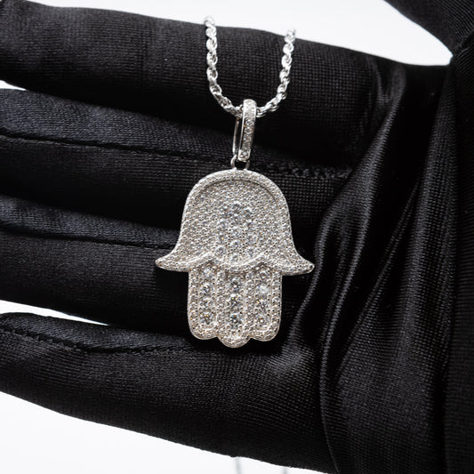 Men’s or women Solid 925 Silver Sterling Silver VVS Moissanite Hamsa Hand Pendant passes Diamond Tester.