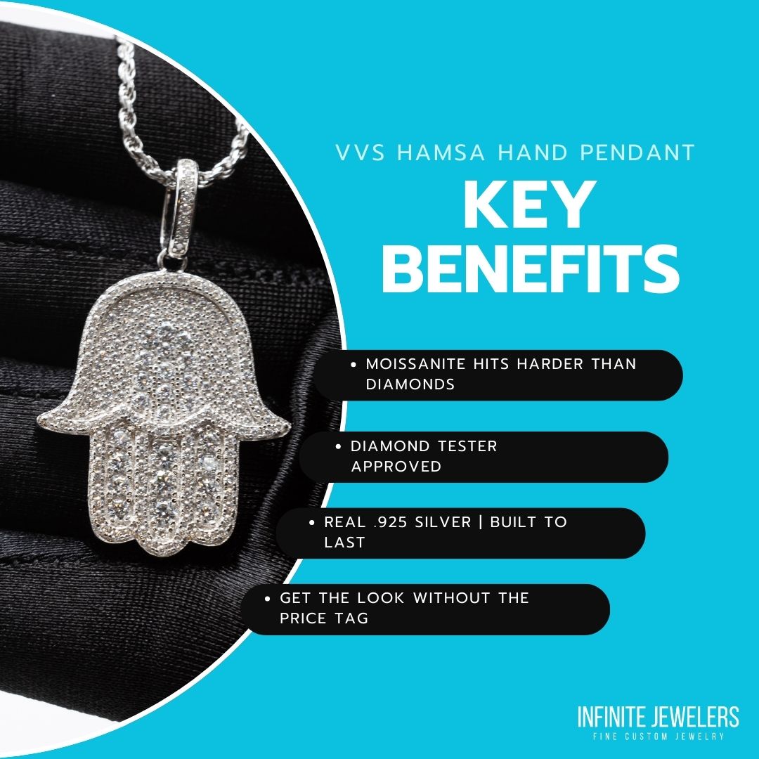 VVS hamsa hand moissanite pendant key benefits of moissanite over diamond jewelry