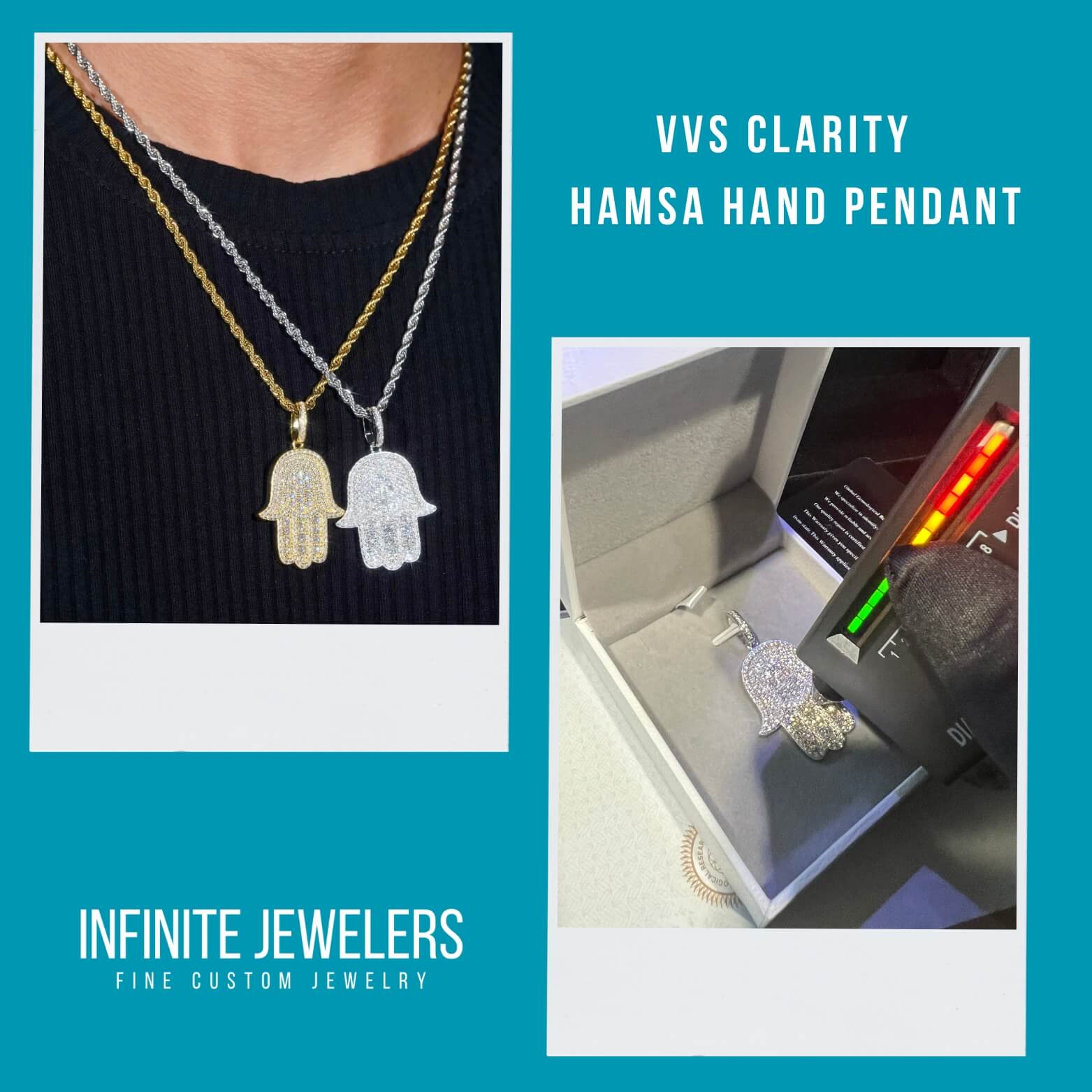 VVS Moissanite hamsa hand sterling silver .925 silver pendant passes diamond tester