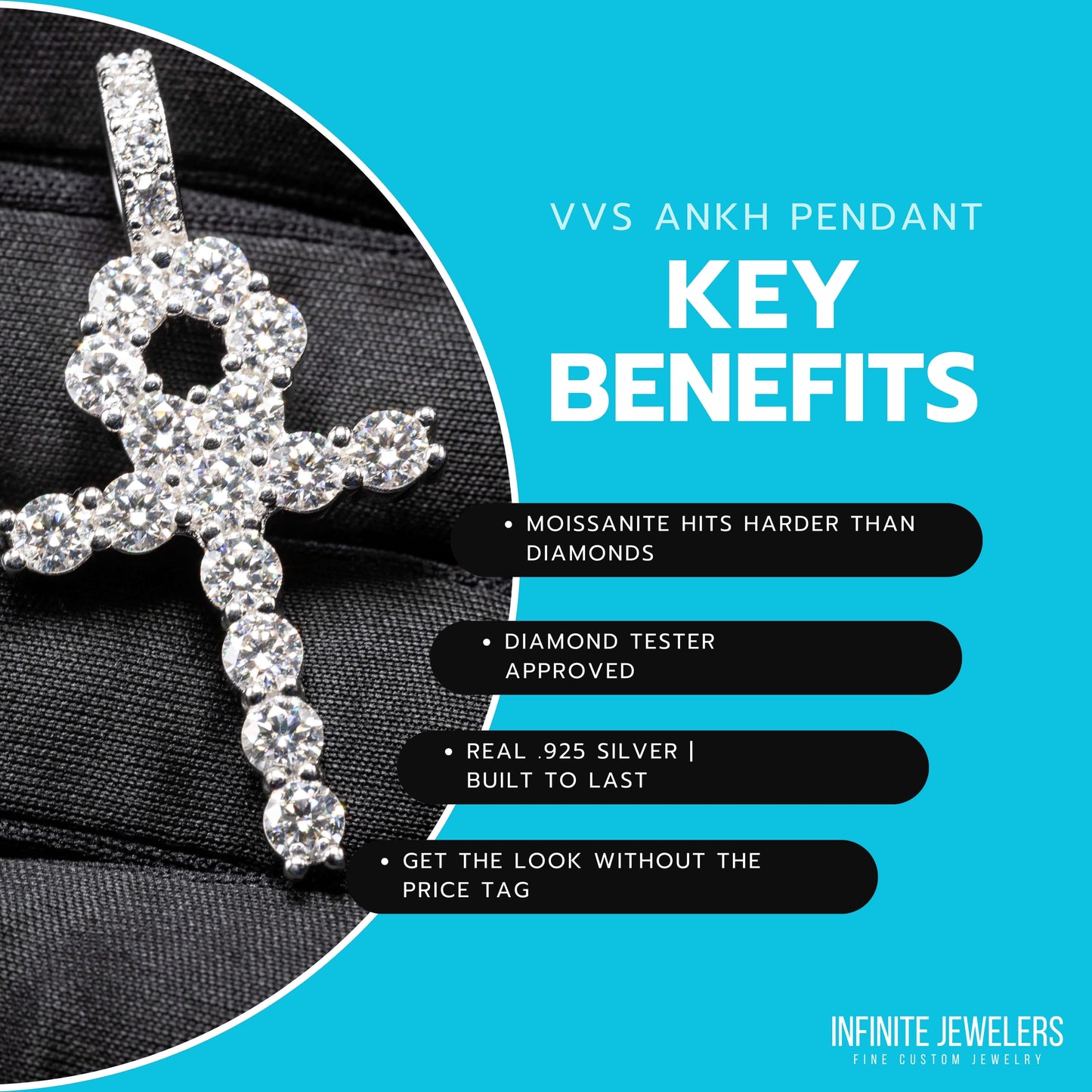 925 Sterling Silver Moissanite Ankh Pendant