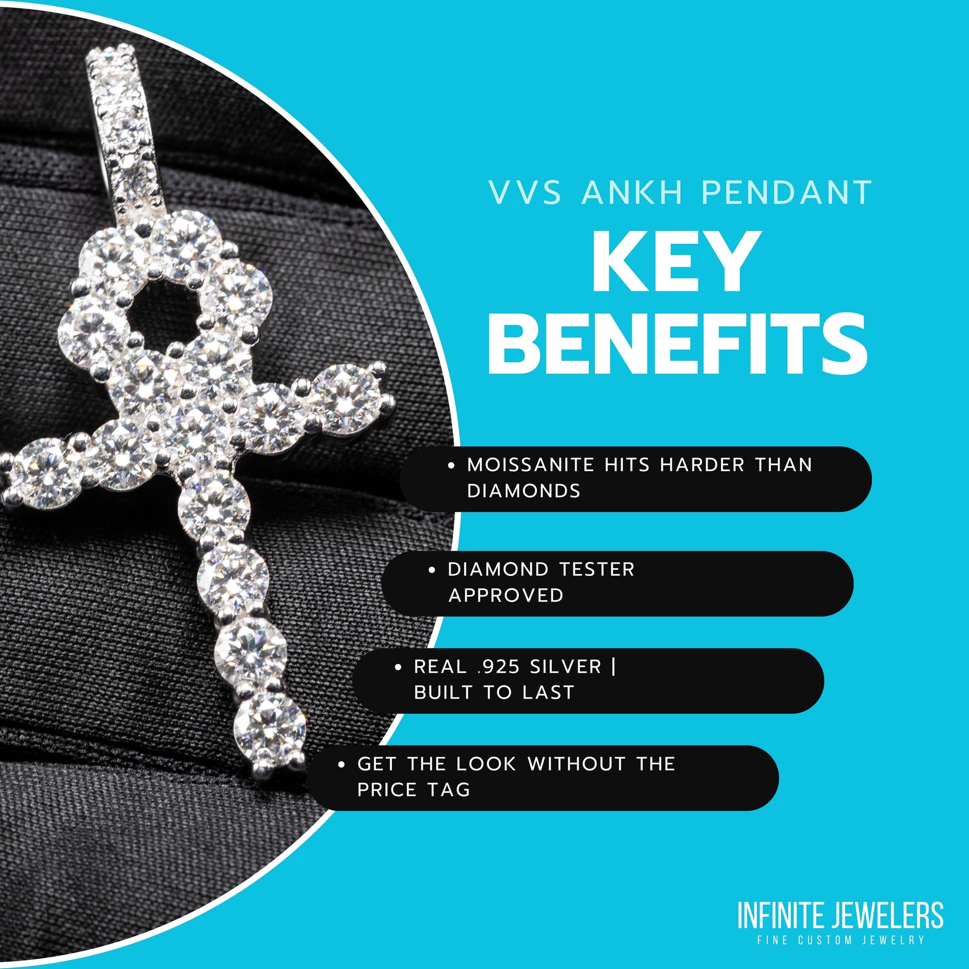 925 Sterling Silver Moissanite Ankh Pendant